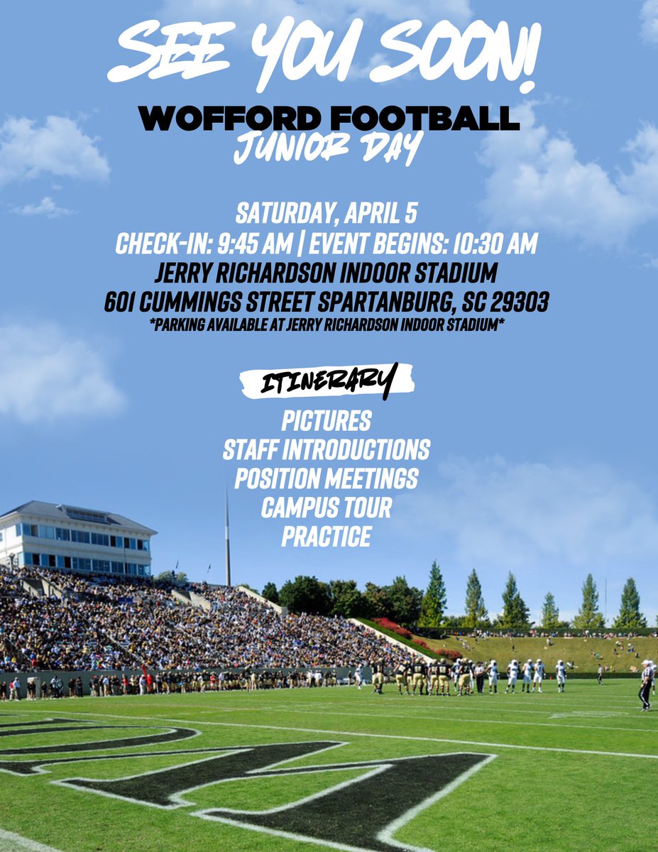 🚨 Wofford Football Junior Day 🚨 – April 5! Experience Wofford, meet the coaches, and watch the team in action. Sign up using the link below ⬇️ 

docs.google.com/forms/d/e/1FAI…