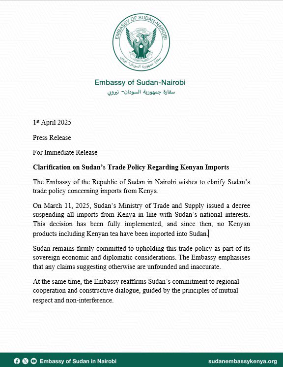 "Unfounded and Inaccurate"

Sudan Embassy in Nairobi responds to Ruto's claims that Sudan is still importing tea from Kenya.