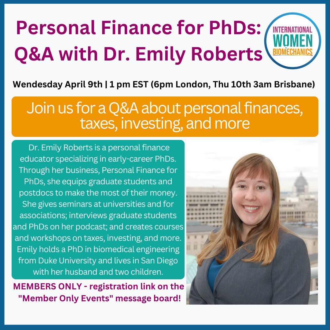 International Women in Biomechanics (@intwomenbiomech) on Twitter photo Attn members 🚨 Join us for a Q&A about personal finances, taxes, investing, and more with Dr. Emily Roberts, a personal finance educator specializing in early-career PhDs!
Wednesday, 9th April at 1pm EST. Register for the meeting: intl-women-in-biomech.slack.com/archives/G01CQ… Attn members 🚨 Join us for a Q&A about personal finances, taxes, investing, and more with Dr. Emily Roberts, a personal finance educator specializing in early-career PhDs!
Wednesday, 9th April at 1pm EST. Register for the meeting: intl-women-in-biomech.slack.com/archives/G01CQ…