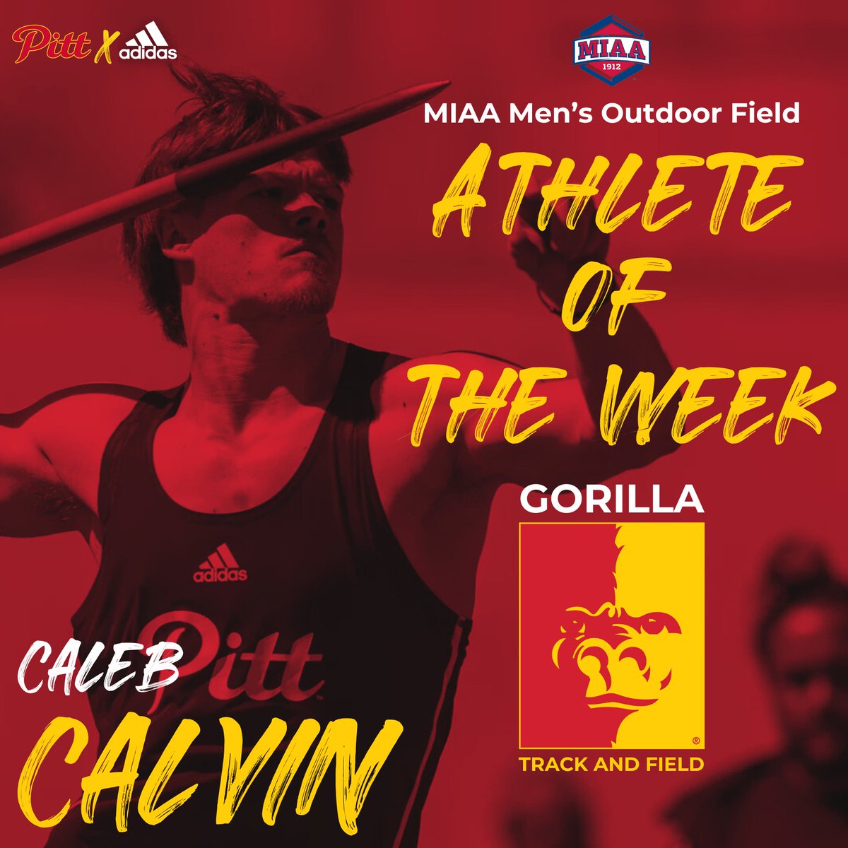 Pitt State Athletics ๐ฆ (@pittstgorillas) on Twitter photo ๐จATHLETE OF THE WEEK๐จ
Caleb Calvin is the MIAA Men's Outdoor Field Athlete of the Week ๐ฆ๐ช
Calvin set a new PSU record in the men's javelin over the weekend.
<a href="/GorillasTrack/">Pitt State Track & Field</a>|<a href="/pittstate/">Pittsburg State</a> ๐จATHLETE OF THE WEEK๐จ
Caleb Calvin is the MIAA Men's Outdoor Field Athlete of the Week ๐ฆ๐ช
Calvin set a new PSU record in the men's javelin over the weekend.
<a href="/GorillasTrack/">Pitt State Track & Field</a>|<a href="/pittstate/">Pittsburg State</a>