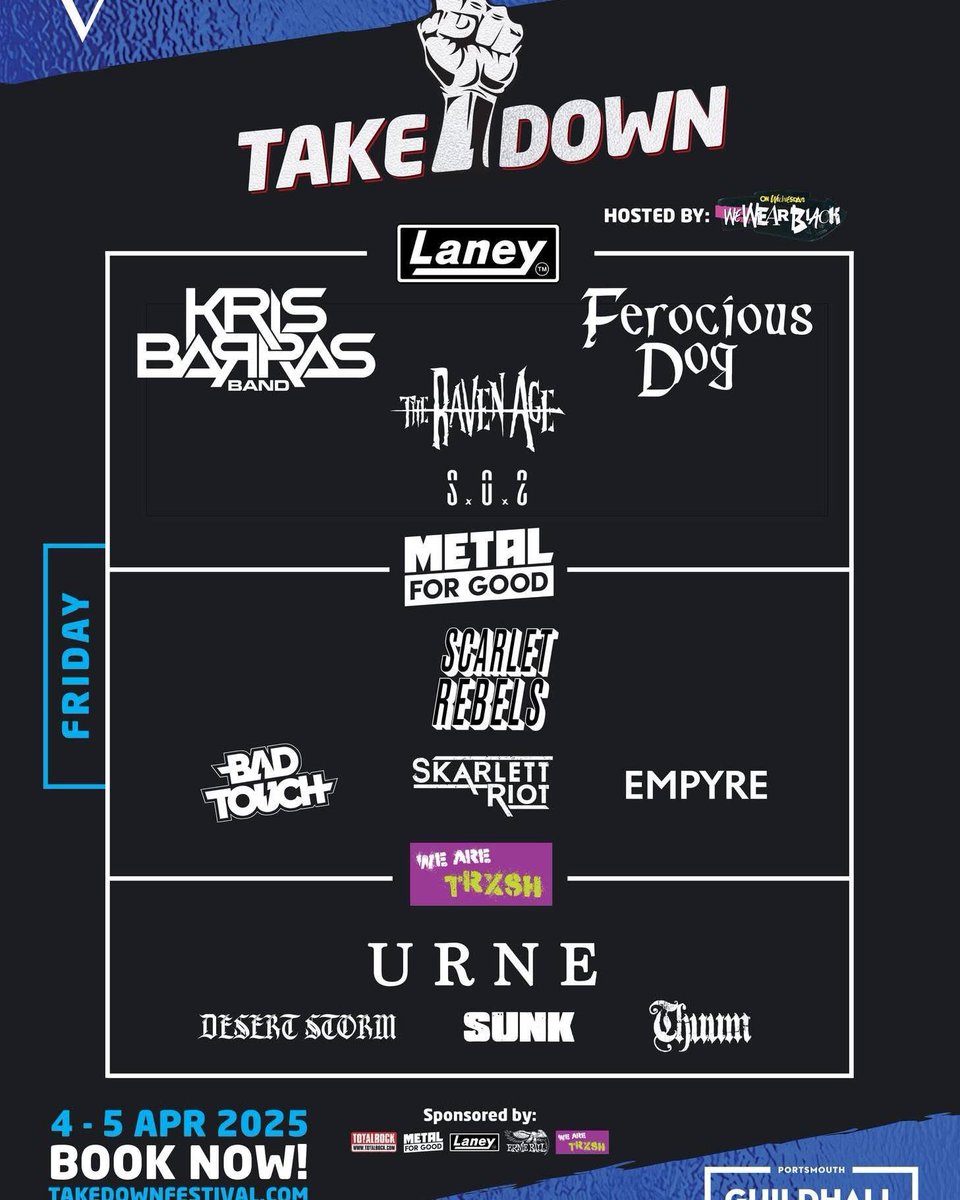 🙌

Rebels! We headline the ‘Metal For Good’ stage at Takedown Festival in Portsmouth Guildhall on Friday! 

The line up is 🔥 

Join us! Tickets 🎫 👇

takedownfestival.com/tickets/