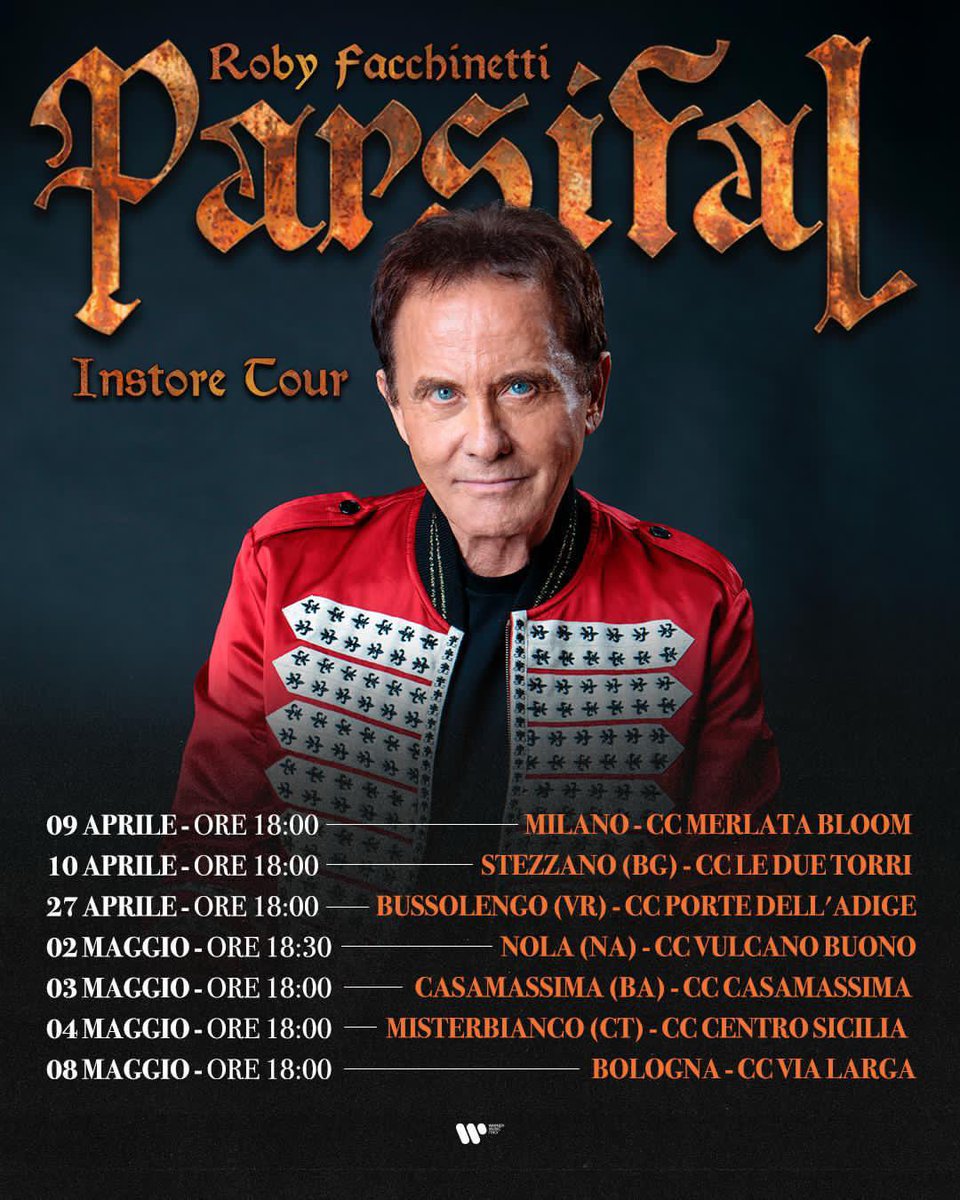 Buongiorno cari amici,
ecco il calendario firma copie del album “Parsifal - L’Uomo delle Stelle”. 
Sarà per me una vera gioia incontrarvi per firmare la vostra copia dell’opera. 
Vi aspetto. 
Roby
#Parsifal
