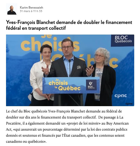 In Québéc, the Bloc Québécois have committed to doubling federal transit funding towards projects and prioritize local contracts to support Canadian jobs.

Will other federal parties support increased investment into public transit?

blocquebecois.org/faisons-travai…