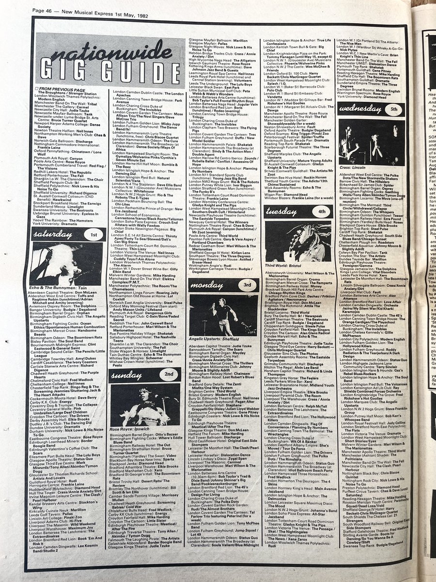 Echo &amp; The Bunnymen in Tain and Aviemore, Nick Lowe, many more.
Gig Guide, New Musical Express, 1 May 1982.