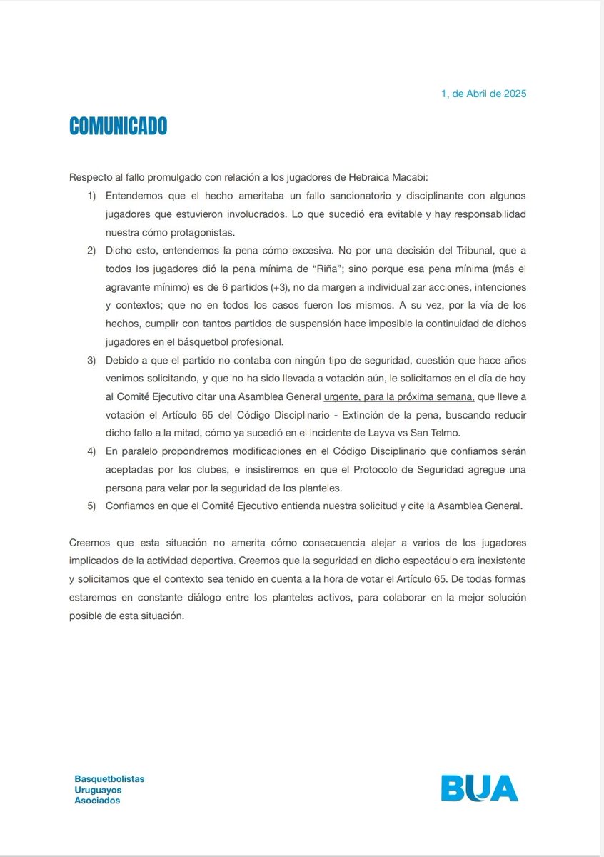 Comunicado respecto al fallo promulgado en relación a los jugadores de Hebraica Macabi