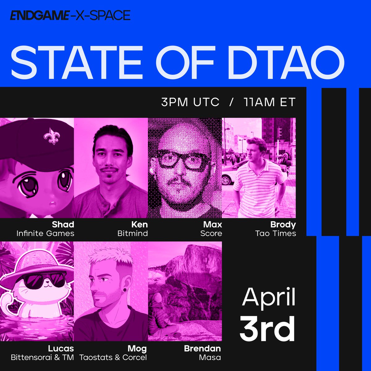 endgame_summit's tweet image. As we warm up for the summit, let’s have a conversation about the current state of dTAO.

Join us, @brodydotai,  @madladshad, @mxmsbt, @kenjonmiyachi, @BrendanPlayford, @mogmachine and @LukitaTao on April 3rd.

The strongest subnets survive. Where do you stand?