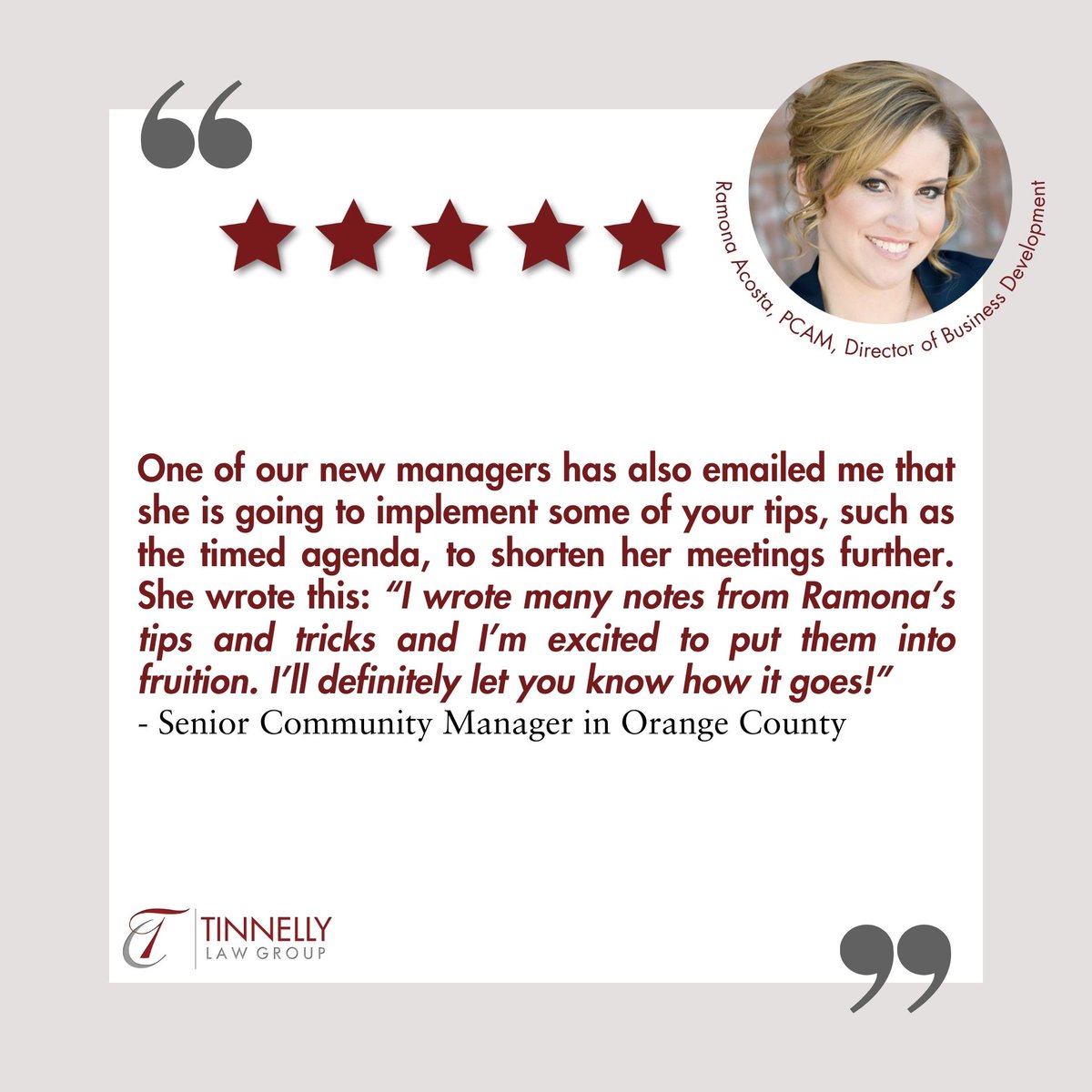 CAHOALaw's tweet photo. Starting April off with a bang as we receive another #TestimonialTuesday for our Director of Business Development Ramona Acosta! https://t.co/evLnTEmLon