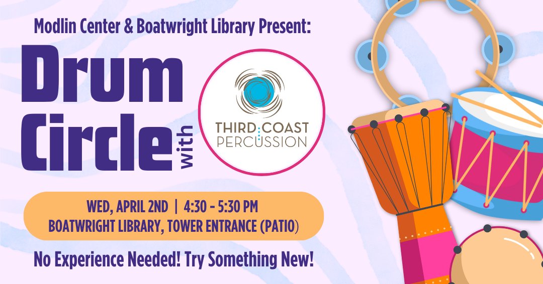 TOMORROW: Join two members of the GRAMMY-winning group Third Coast Percussion for a drum circle! 🥁 Drop in, make some noise, and let off that end-of-semester steam. Open to students, staff, faculty, and community members!