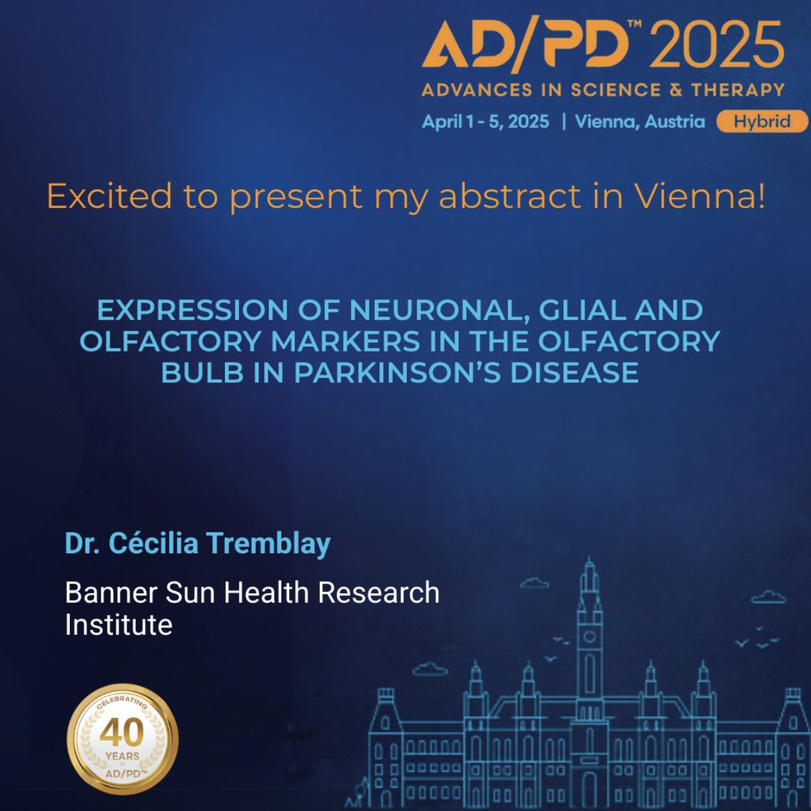 Cecilia Tremblay (@cece_tremblay) on Twitter photo Happy to present our results regarding olfactory bulb alterations in Parkinson’s disease at #ADPD2025, <a href="/adpdnet/">AD/PD - Advances in Science & Therapy</a> in Vienna! 🧠
Tomorrow, April 2, 15:05 - Hall C
Session: Alpha-synuclein, aggregation, misfolding, pathogenesis, and translational aspects. Happy to present our results regarding olfactory bulb alterations in Parkinson’s disease at #ADPD2025, <a href="/adpdnet/">AD/PD - Advances in Science & Therapy</a> in Vienna! 🧠
Tomorrow, April 2, 15:05 - Hall C
Session: Alpha-synuclein, aggregation, misfolding, pathogenesis, and translational aspects.