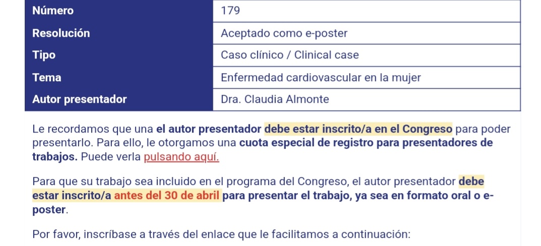 Trabajo aceptado cómo póster <a href="/SIAC_cardio/">SIAC</a> nos vemos en Cartagena 
Caso de Enfermedad Cardiovascular en Mujer 
Te esperamos !
<a href="/mcardiord/">mca.rd</a>