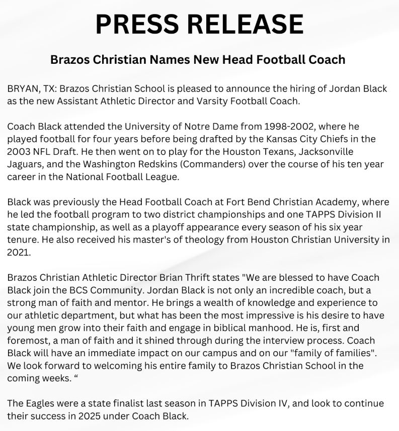 Tyler Shaw (@tylershawsports) on Twitter photo Brazos Christian has hired former Fort Bend Christian coach Jordan Black as its next HFC. He played at Notre Dame and had a ten year NFL career
<a href="/AthleticsBrazos/">Brazos Christian Athletics</a> <a href="/Matt_Stepp817/">Matt Stepp</a> Brazos Christian has hired former Fort Bend Christian coach Jordan Black as its next HFC. He played at Notre Dame and had a ten year NFL career
<a href="/AthleticsBrazos/">Brazos Christian Athletics</a> <a href="/Matt_Stepp817/">Matt Stepp</a>