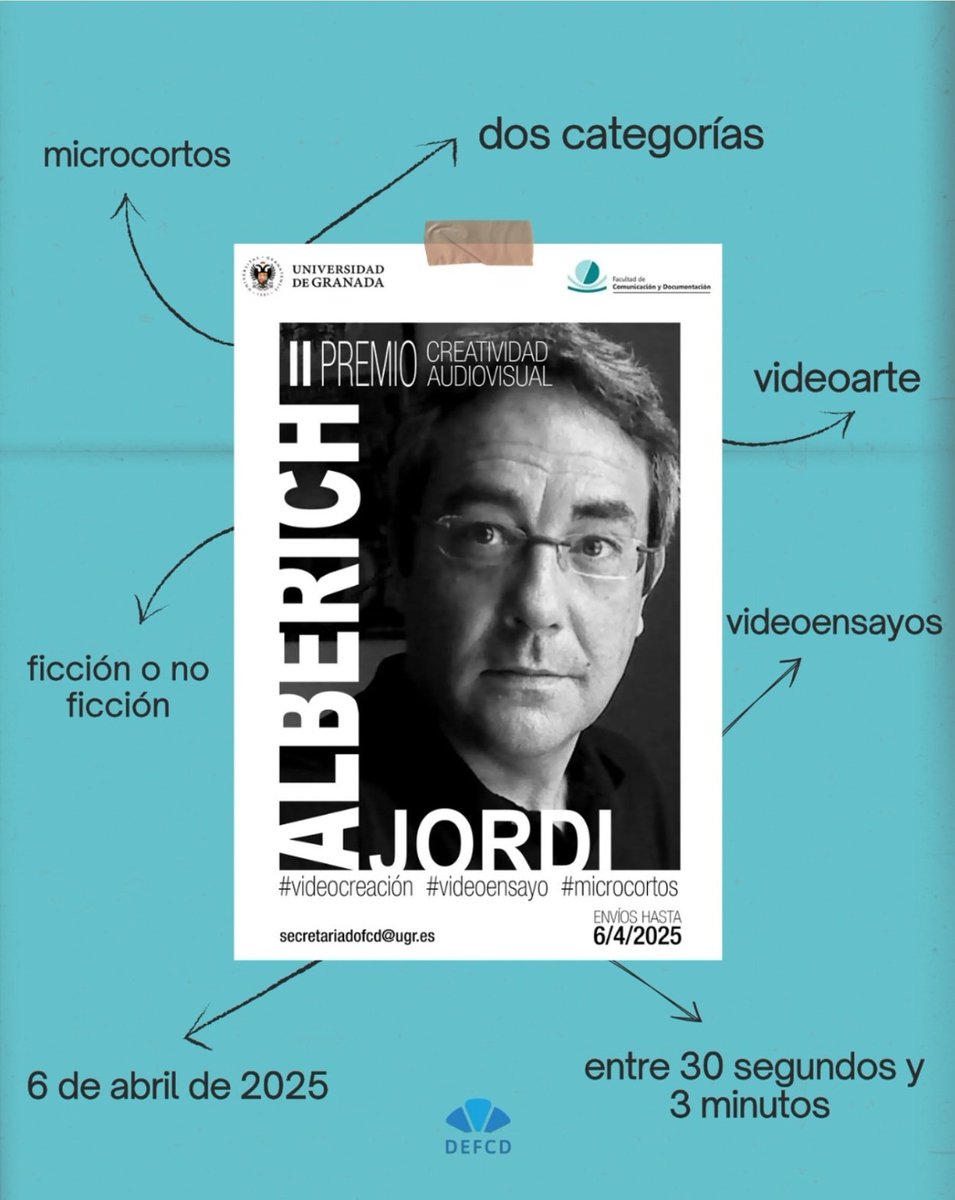 DEFCD_ugr's tweet photo. Gana 300€!! 🏆🏆
Os presentamos el Premio ‘Jordi Alberich Pascual’ a la Creatividad Audiovisual que organiza nuestra facultad.
Si estás matriculado en cualquier Grado o Máster de la @fcd_ugr podrás participar.
🗓️Tenéis hasta el 6 de abril para inscribiros ¡Animaos a participar! https://t.co/TMFwSf1YZ2