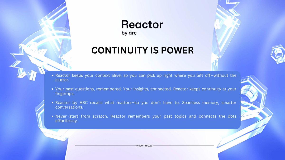 ARCreactorAI's tweet photo. Reactor by $ARC memory isn’t just long. It’s personal.

The more you use it, the more it knows how to help you. Not just what you said, but what you meant. 

It remembers that you prefer bullet-point summaries. That you’re researching crypto law. 

That you’ve asked three times about neural scaling.

It’s context, carried forward. Without clutter. Without confusion.