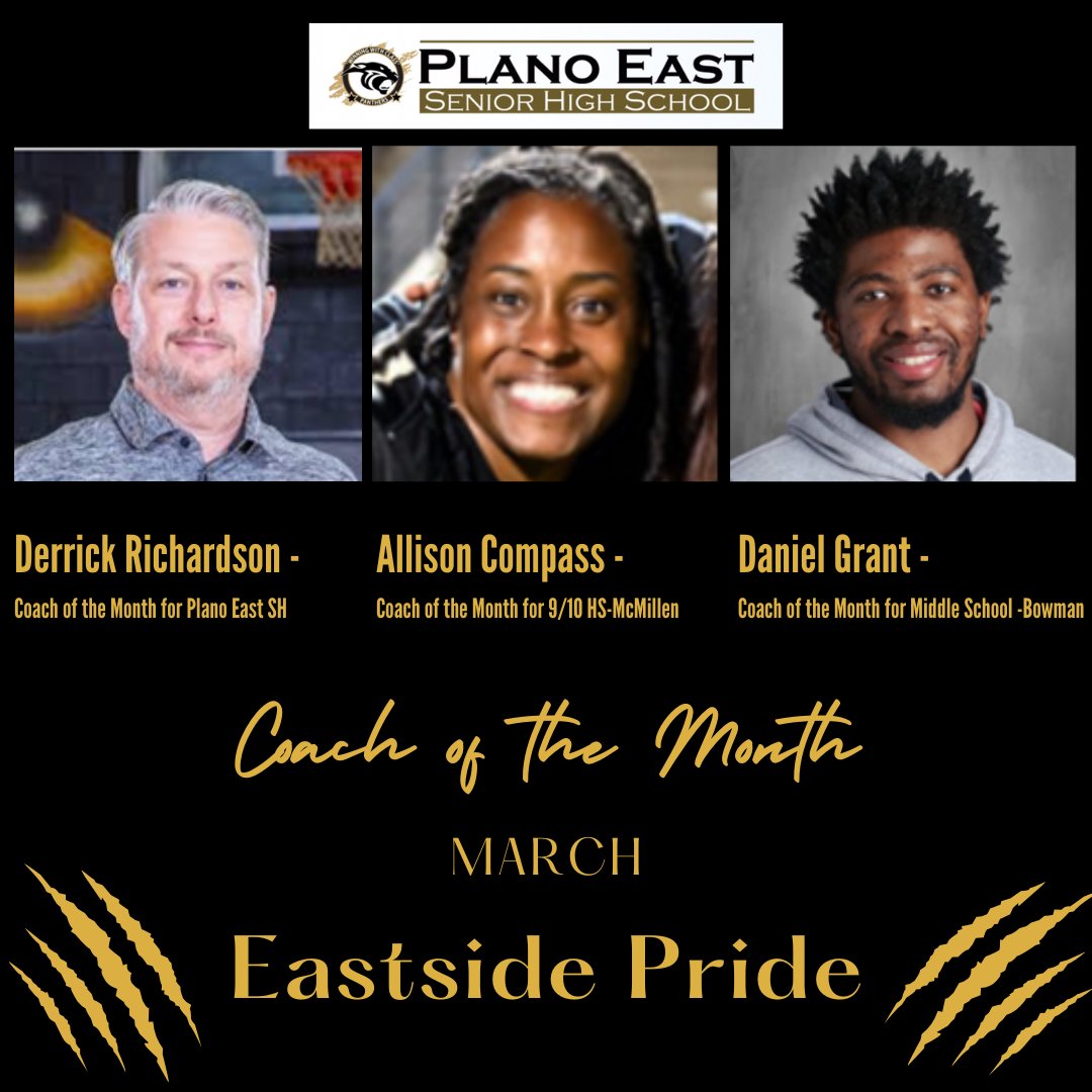 🏆 Coach of the Month Spotlight! 📷Derrick Richardson – Plano East Led the Lady Panthers to their first-ever State Semifinals Allison Compass – McMillen Coaching both boys &amp; girls track teams energy and dedication. Daniel Grant – Bowman Building a winning culture—football, track