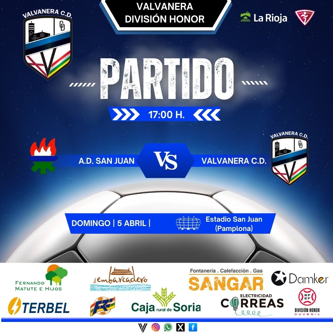 Juvenil División Honor | Liga ⚽
🆚 <a href="/ADSanJuanDKE/">AD San Juan</a>

🛫 Estadio San Juan
🗓️ Domingo 6 de abril
🕰️ 17:00 

Vamos <a href="/Valvatwitt/">Valvanera Club Deportivo</a>  🤍💙🖤

#Larioja #Liga #Futbol #Juvenil
 #FutbolRiojano #Valvanera