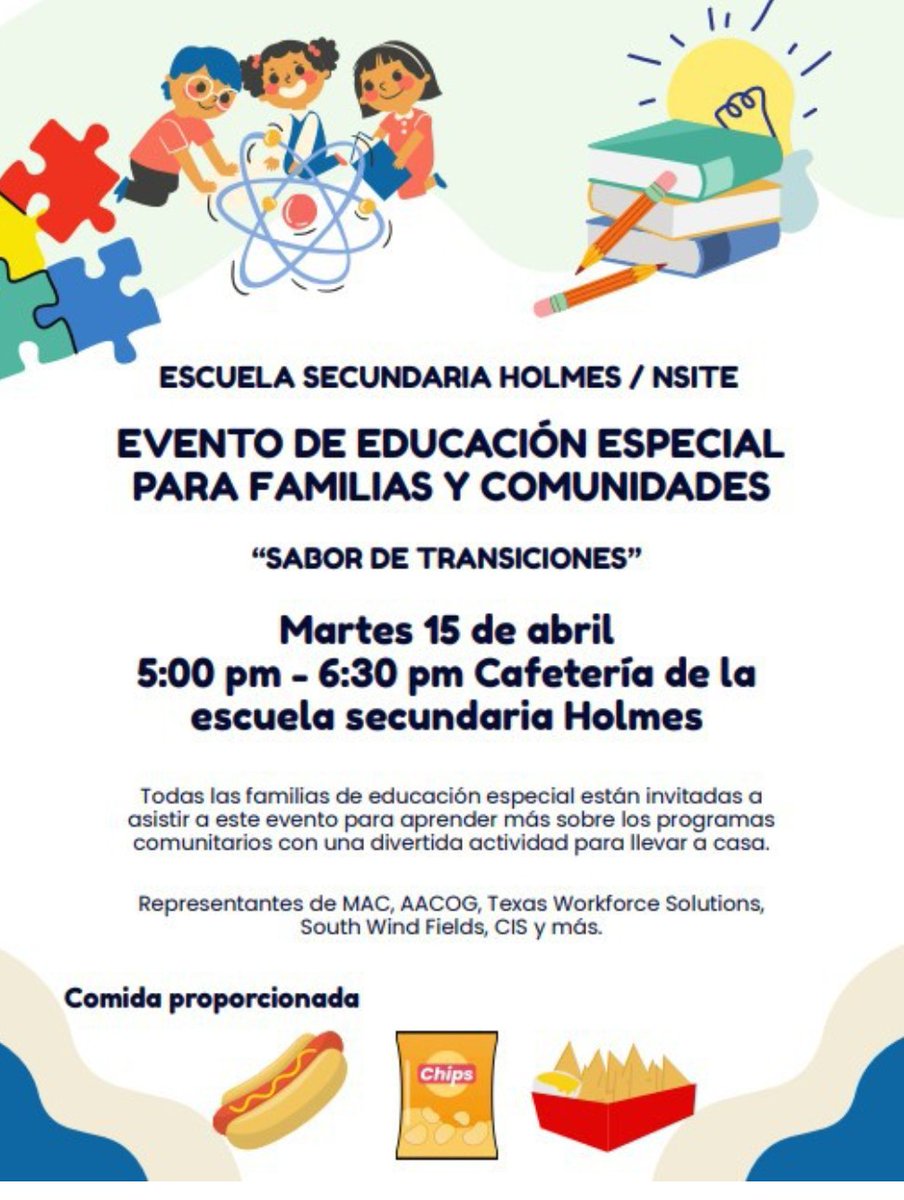 Family Engagement (@holmesfamilies) on Twitter photo Join us! Special Education Resource Fair & Learning Expo It's designed to connect families with valuable resources, learning opportunities & student support
<a href="/NISDHolmes/">NISD Holmes</a>
<a href="/NISDVillarreal_/">Villarreal ES</a>
<a href="/NISDRoss/">Sul Ross MS</a>
<a href="/NISDPatNeff/">Pat Neff MS</a>
<a href="/NISDPowell/">Powell Elementary</a>
<a href="/NISDCarlosCoon/">Carlos Coon Elementary</a>
<a href="/NISDLinton/">Linton Elementary</a>
<a href="/NISDEsparza/">@NISDEsparza</a>
<a href="/NISDGlass/">Colby Glass ES</a> Join us! Special Education Resource Fair & Learning Expo It's designed to connect families with valuable resources, learning opportunities & student support
<a href="/NISDHolmes/">NISD Holmes</a>
<a href="/NISDVillarreal_/">Villarreal ES</a>
<a href="/NISDRoss/">Sul Ross MS</a>
<a href="/NISDPatNeff/">Pat Neff MS</a>
<a href="/NISDPowell/">Powell Elementary</a>
<a href="/NISDCarlosCoon/">Carlos Coon Elementary</a>
<a href="/NISDLinton/">Linton Elementary</a>
<a href="/NISDEsparza/">@NISDEsparza</a>
<a href="/NISDGlass/">Colby Glass ES</a>