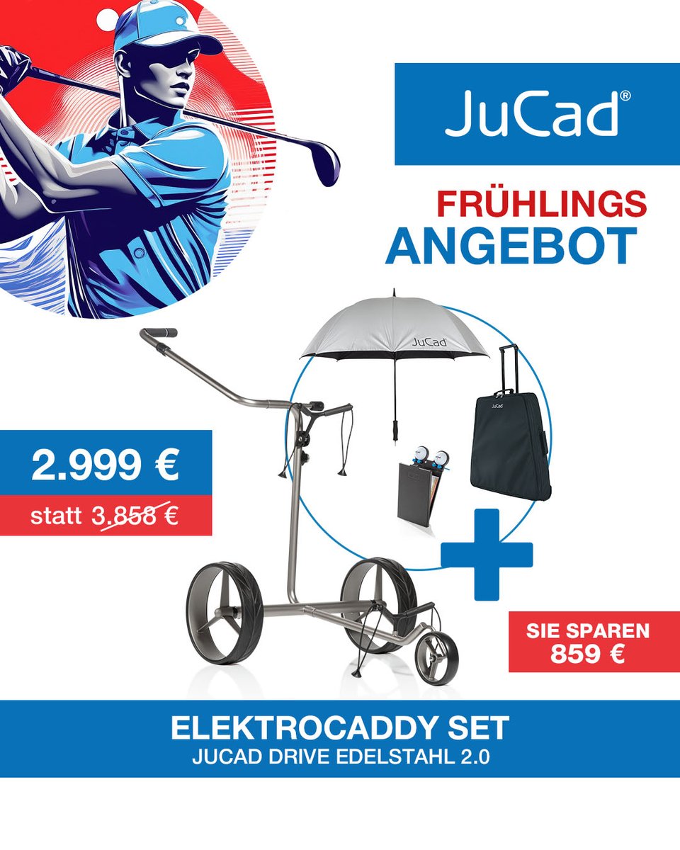 First_Golf's tweet image. Pünktlich zum Start der Golfsaison die First Golf - Drive Your Life firstgolf.shop Frühlingsaktion für alle Golf-Enthusiasten: JuCad Drive Edelstahl 2.0 Elektrocaddy ist jetzt im Komplett-Set zum Sonderpreis von 2.999 € statt 3.858 € (brutto) erhältlich!