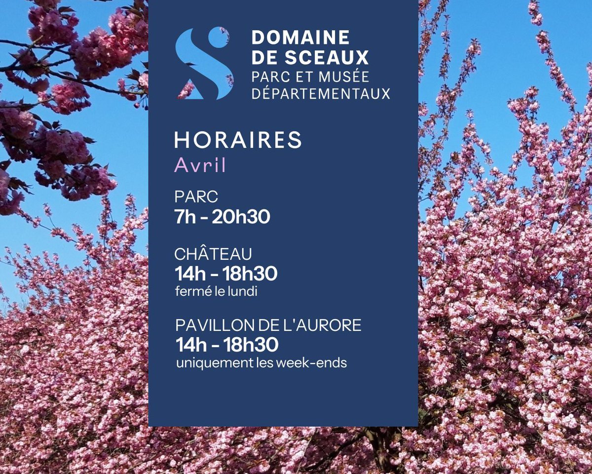 🕰 HORAIRES D’AVRIL
Parc : 7h à 20h30
Château : 14h à 18h30 - Fermé les lundis. 
Pavillon de l'Aurore : 14h à 18h30 - uniquement les week-ends
ℹ Pour plus d'infos : swll.to/4SDpSK