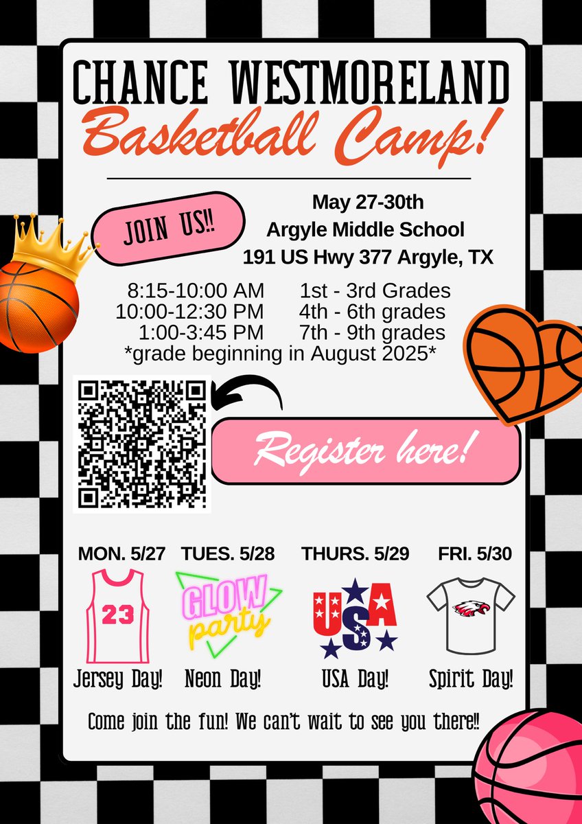 🏀🩷BASKETBALL CAMP🩷🏀

It's that time!!! Basketball camp will be here before you know it. Get registered TODAY! You won't want to miss it!
