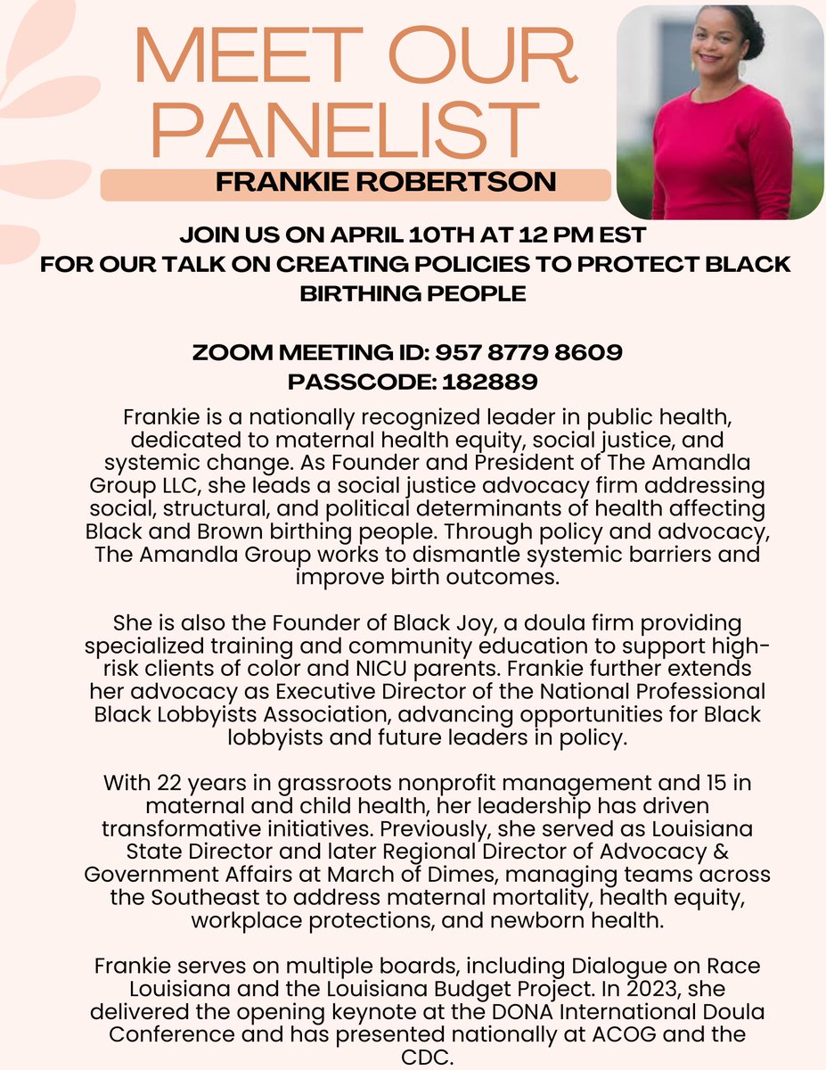 Excited to welcome Frankie as a panelist! A nationally recognized leader in maternal health equity &amp; social justice, she’s driving systemic change through policy, advocacy &amp; community care. #BlackMaternalHealth #HealthEquity #BirthJustice