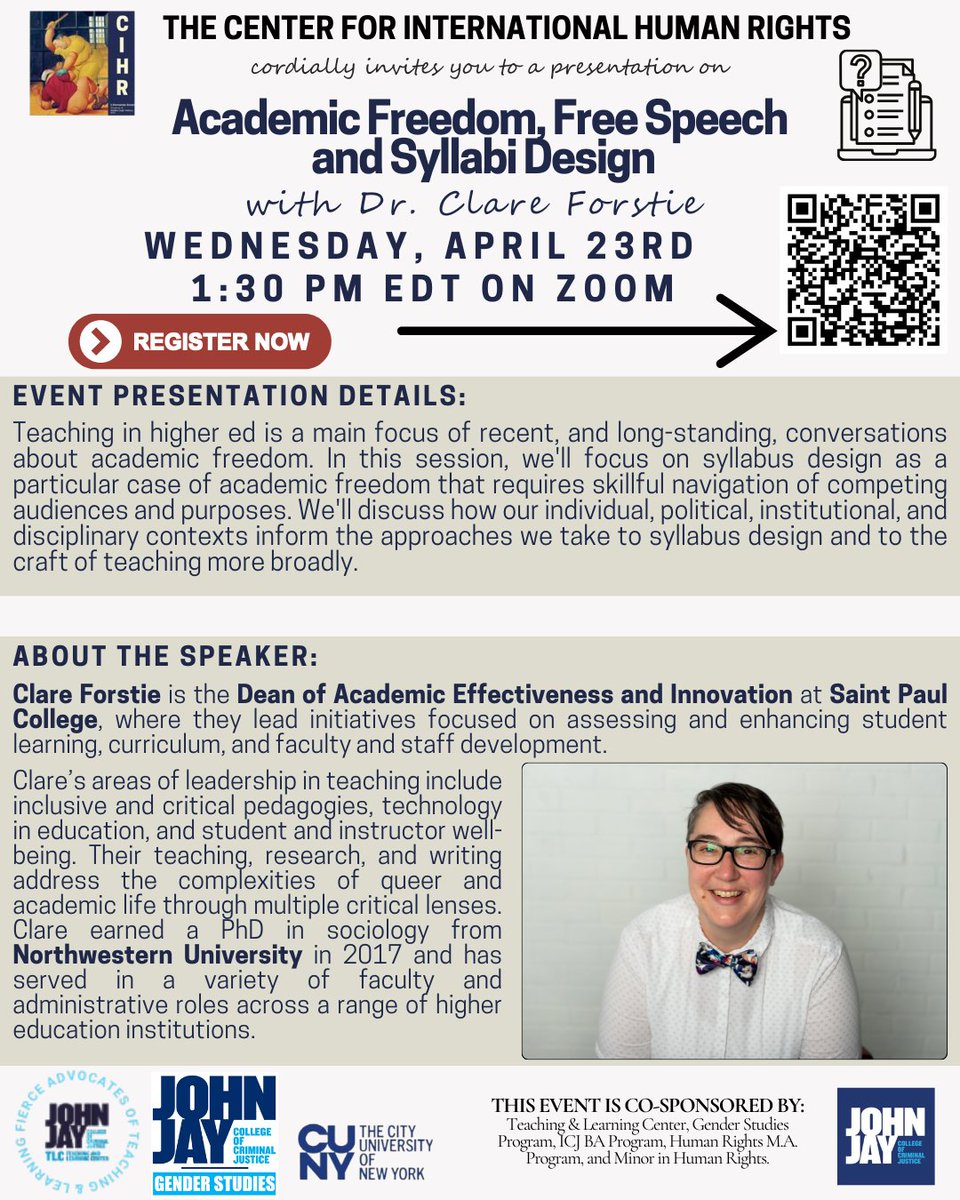 Join us on Wednesday, April 23rd, at 1:30 PM EDT on Zoom for a special event with Dr. Clare Forstie on Academic Freedom, Free Speech, and Syllabi Design.
Register here: jjay-cuny.zoom.us/meeting/regist…

 #HigherEd #AcademicFreedom #TeachingExcellence #SyllabusDesign