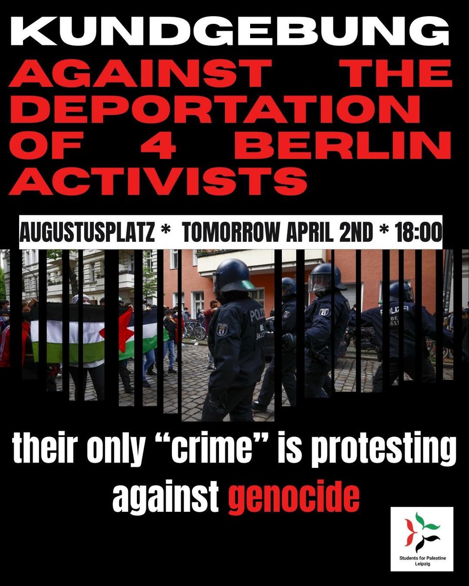 lpzg_r341's tweet photo. Kundgebung: Deportation von Aktivisten der Palästina-Solidarität verhindern!
📅 Mittwoch, 2. April 2025
⏰ 18.00 Uhr
📍 Augustusplatz, #Leipzig
#le0204 https://t.co/dsAP9plmwj