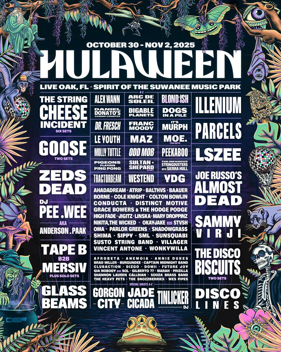 🔮 Join us for the 12th annual Hulaween with Zeds Dead, Parcels, LSZee, Goose, Glass Beams, Sammy Virji, Tape B, Illenium and MANY MORE, Oct 30-Nov 2 at Suwannee. 🎉

📜 Sign up for the waitlist NOW for early access before tickets go back on sale 4/3 at Noon ET at