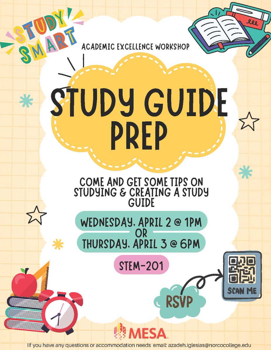 NorcoCollege's tweet image. Come and get tips on studying and creating a study guide!

#MESA #Studyguides #NorcoCollege