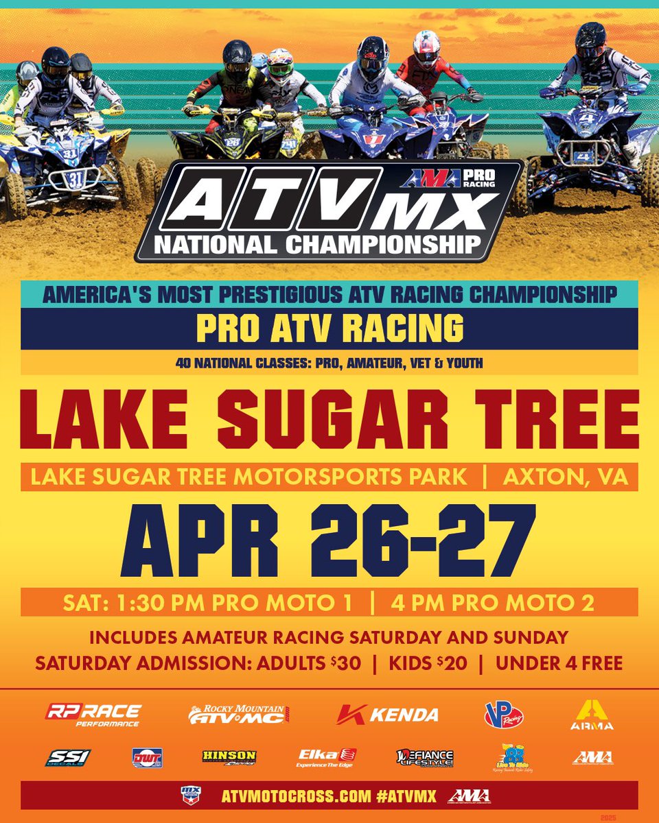 Up Next‼️ Save the date April 26-27 for round 4 of 2025 ATV Motocross Championship season at Lake Sugar Tree.  

Visit the website for more event info ℹ️ #ATVMX #ATVMotocross