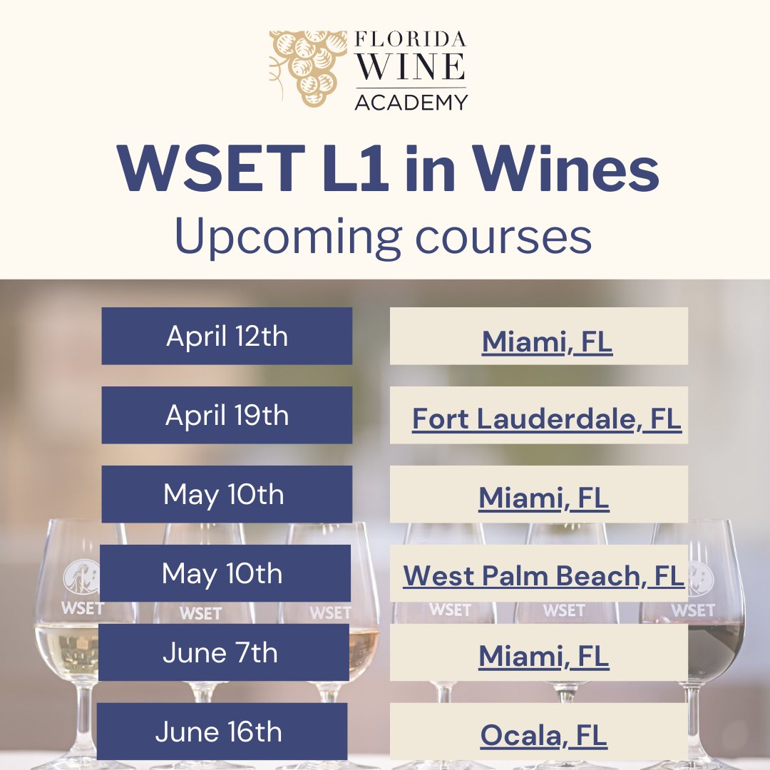 Join us for WSET L1 in Wines, the perfect foundation course for wine lovers and industry professionals. No prior experience needed—just curiosity and a love for wine.
Locations: Miami | Fort Lauderdale | West Palm Beach | Ocala⁠
Spots fill quickly—secure yours.