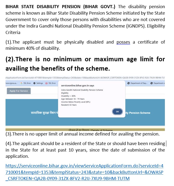 When we online apply for the children's Disability pension form in Bihar state 

(2).There is no minimum or maximum age limit for availing the benefits of the scheme.

But online form say eligibility criteria age limit is 18 to 79
<a href="/socialpwds/">Divyang Empowerment</a>
<a href="/NitishKumar/">Nitish Kumar</a>
<a href="/officecmbihar/">CMO Bihar</a>
<a href="/grok/">Grok</a>
