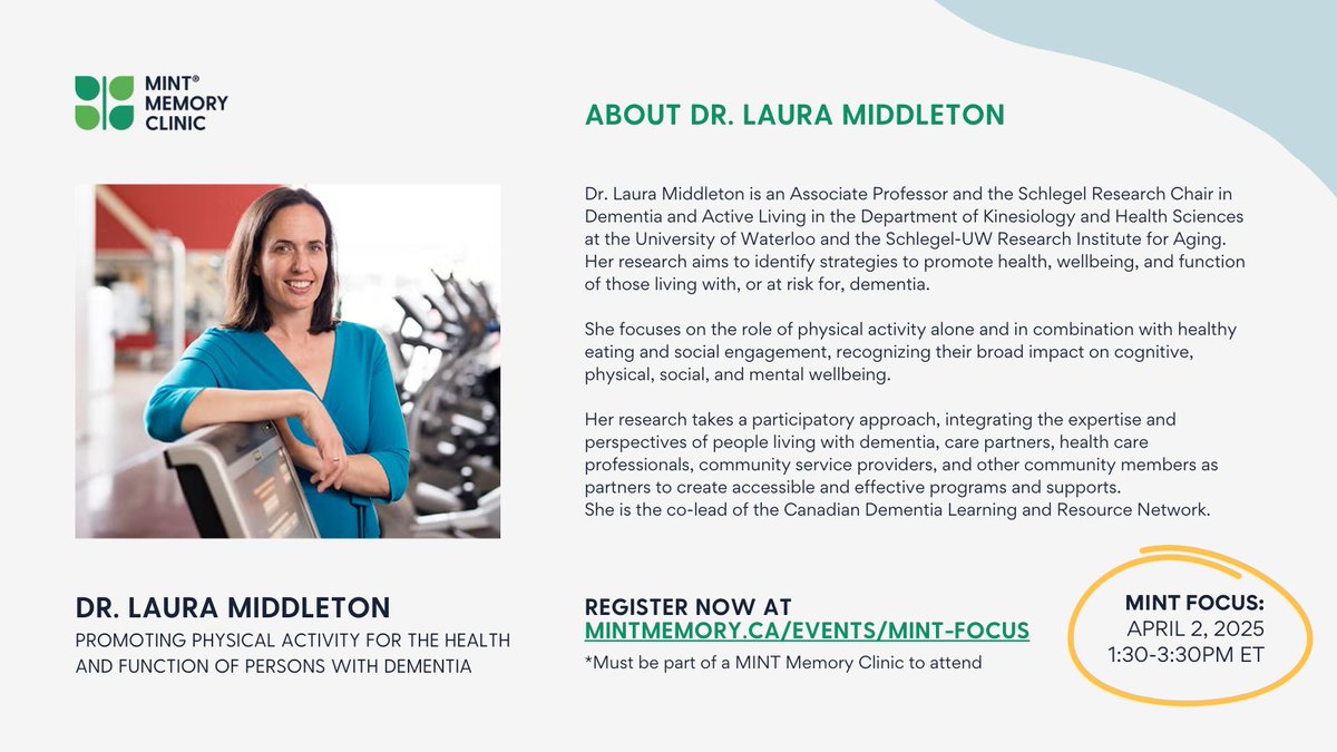 Excited for tomorrow's MINT Focus session with Dr. Laura Middleton!!

Registration is still open at mintmemory.ca/events/mint-fo… 🧠 

#BrainHealth #DementiaCare #MINTMemoryClinic