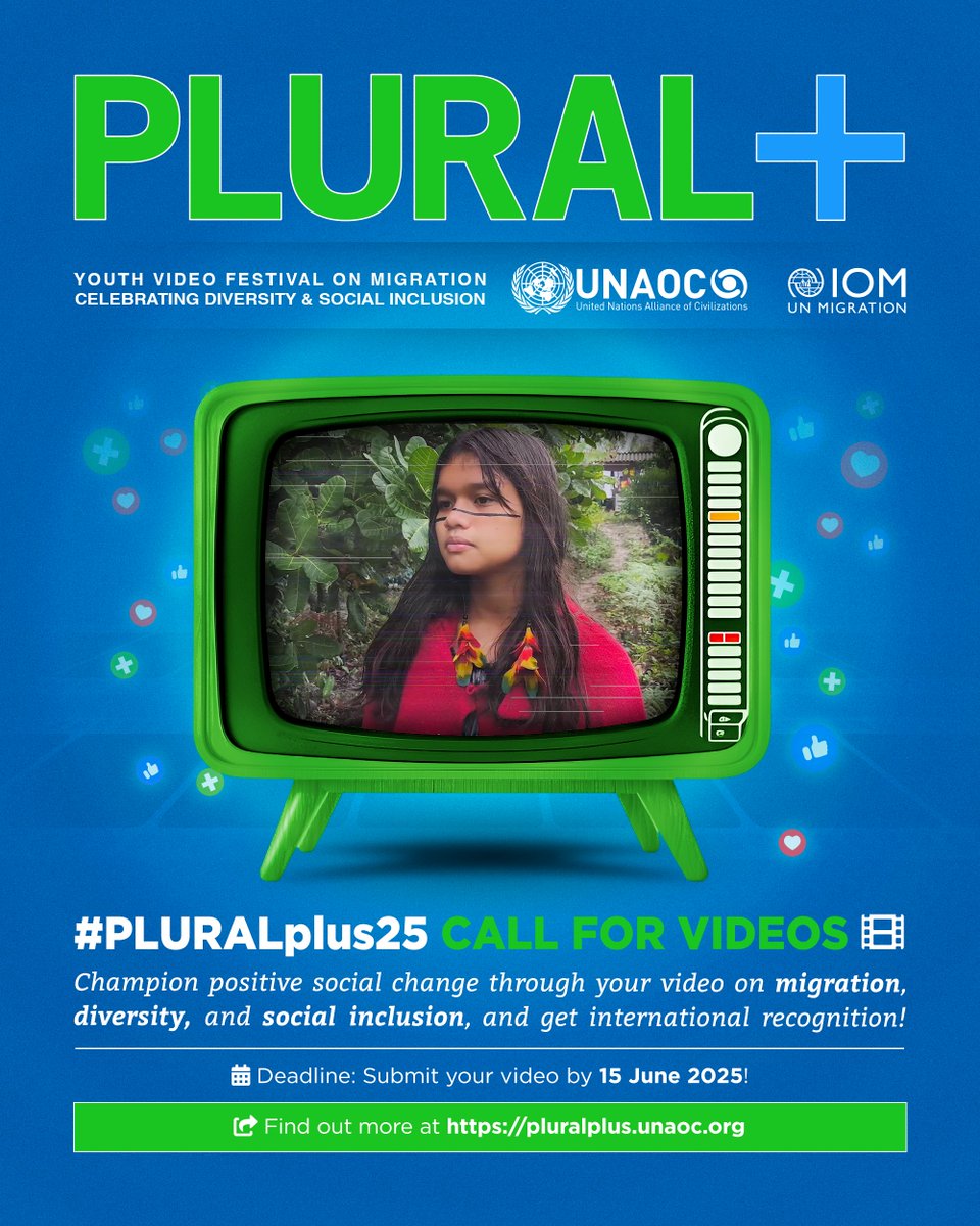 IOM Office UN (NY) (@iomatun) on Twitter photo 🚀 The #PLURALplus25 Call for Videos is LIVE! 🎬✨
To all young filmmakers, 🌍📽️ <a href="/UNmigration/">IOM - UN Migration 🇺🇳</a> & <a href="/UNAOC/">UNAOC - United Nations Alliance of Civilizations</a> invite you to share your unique stories on #migration & other pressing issues.
Let your voice be heard & inspire change!
📢 Submit your video now! 🔗pluralplus.unaoc.org 🚀 The #PLURALplus25 Call for Videos is LIVE! 🎬✨
To all young filmmakers, 🌍📽️ <a href="/UNmigration/">IOM - UN Migration 🇺🇳</a> & <a href="/UNAOC/">UNAOC - United Nations Alliance of Civilizations</a> invite you to share your unique stories on #migration & other pressing issues.
Let your voice be heard & inspire change!
📢 Submit your video now! 🔗pluralplus.unaoc.org