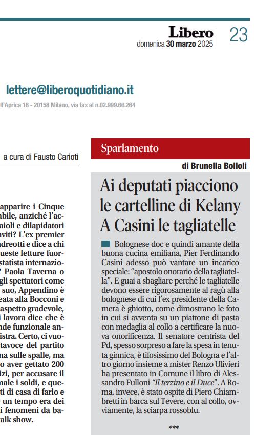 Su <a href="/Libero_official/">Quotidiano Libero</a>, "Il terzino e il Duce" (e ovviamente la presentazione di <a href="/Pierferdinando/">PierferdinandoCasini</a> ) citato nella #stracultissima rubrica Sparlamento di <a href="/BrunellaBB/">Brunella Bolloli</a>