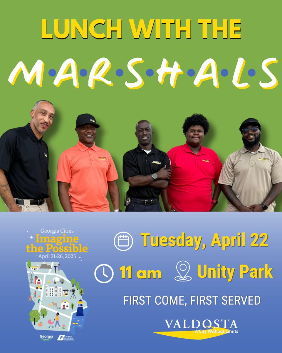 🍽️ Join us for Lunch with the Marshals on Tuesday, April 22 at 11 AM at Unity Park! 🌳 

Meet our City Marshals while enjoying a free lunch (first-come, first-served).

This event is part of Georgia Cities Week and Neighborhood Development Week! #ACityWithoutLimits