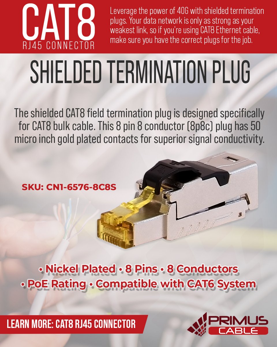 PrimusCable's tweet photo. CAT8 RJ45 connectors represent a significant leap in networking technology, designed to support the blazing-fast data transfer speeds demanded by modern applications. Shop Today: https://t.co/r7wG7Sat8U
#Cat8 #DataCenter #ethernet https://t.co/og5ziWTQsW