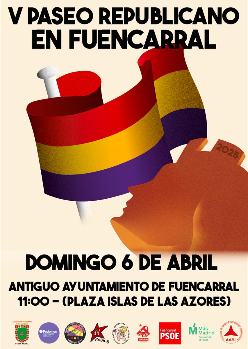 Fuencarral camina de nuevo por la memoria y la dignidad.
Llenemos las calles por la #República, por los que lucharon por ella y por los que vendrán.

#VPaseoRepublicano

📅 Domingo 6 de abril
🕚 11:00h – Plaza Islas Azores (antiguo Ayto. de Fuencarral)
🟥🟨🟪 ¡Viva la República!
