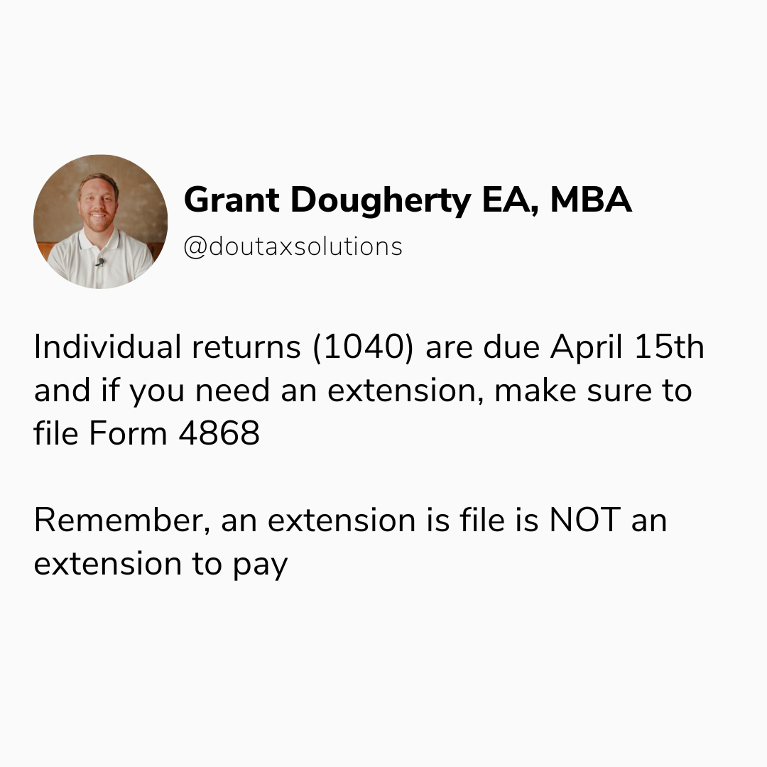 GrantDougherty2's tweet image. This is NOT an April Fools&apos; joke.

Your 1040 is due April 15th—and filing an extension with Form 4868 does not mean you get to delay paying your taxes.

You’re buying time to file, not time to pay.

#TaxDeadline #FileSmart #TaxTimeTips #DoughertyTaxSolutions