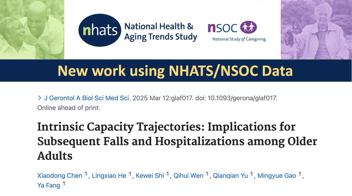 New work using #NHATS/#NSOC data by Dr. Xiadong Chen et al. in The Journals of #Gerontology Series A:

#Intrinsic #Capacity Trajectories: Implications for Subsequent #Falls and #Hospitalizations among #OlderAdults

"#IC trajectories were associated with falls and