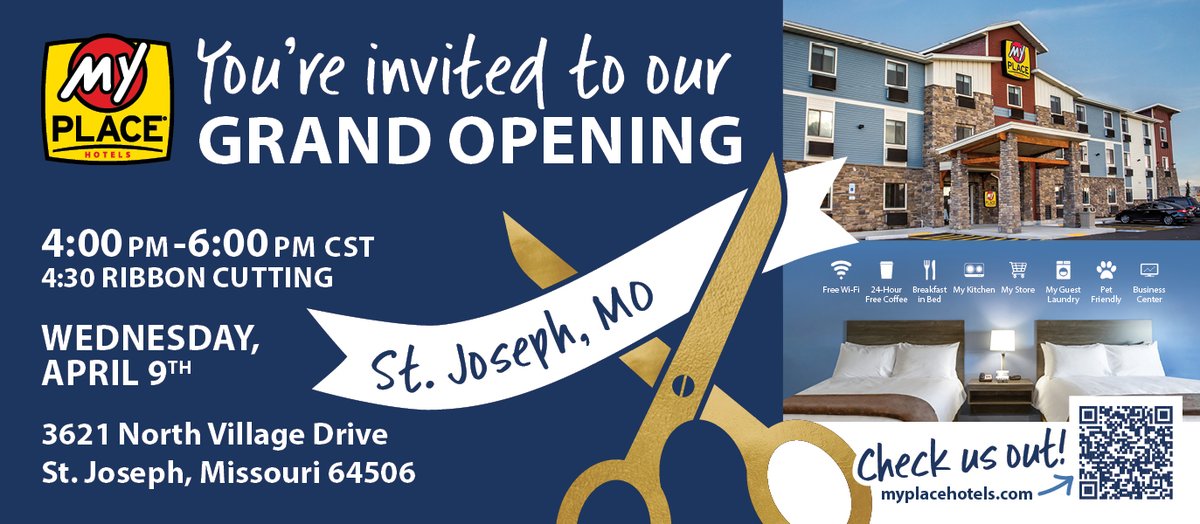 You're invited!! 📩 

We'll be celebrating the official grand opening of My Place Hotel-St. Joseph, MO on Wednesday, April 9th at 4pm CST, and we hope you'll join in the fun! 

☑️ Ribbon cutting
☑️ Refreshments
☑️ Tours of the NEW hotel

Don't miss the opportunity to check out