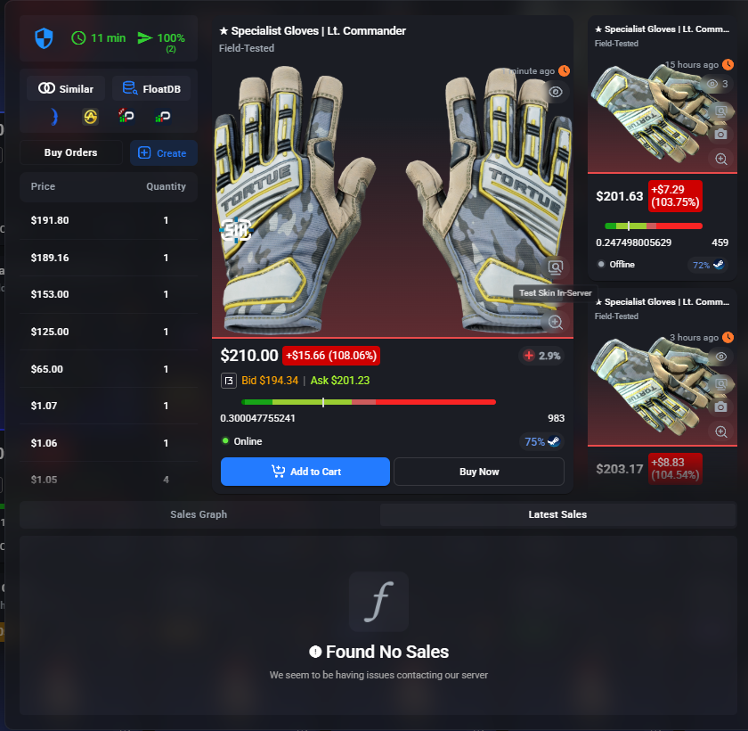 sLice_cs2's tweet photo. Hey
@csfloatcom 
I've been having this issue not seeing sale history for quite some time now.. How can i fix this? (it's on every item)  

Thanks! https://t.co/jDaVjeXHOj