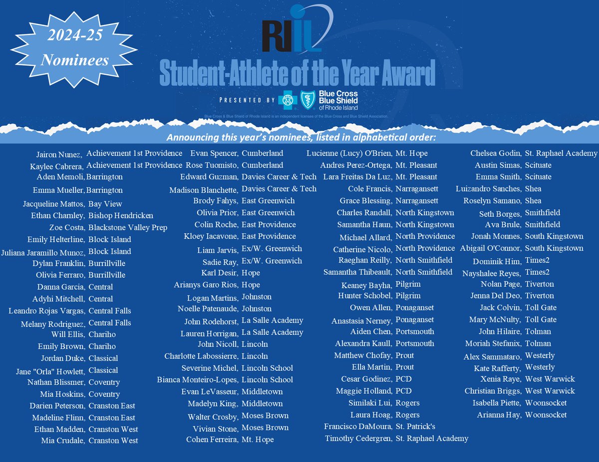 📢Pleased to announce nominees for the 2024-25 RIIL Student-Athlete of the Year Awards, presented by Blue Cross Blue Shield of RI. Recognizing seniors who have excelled in the classroom✅, on the field✅ &amp; in their communities✅