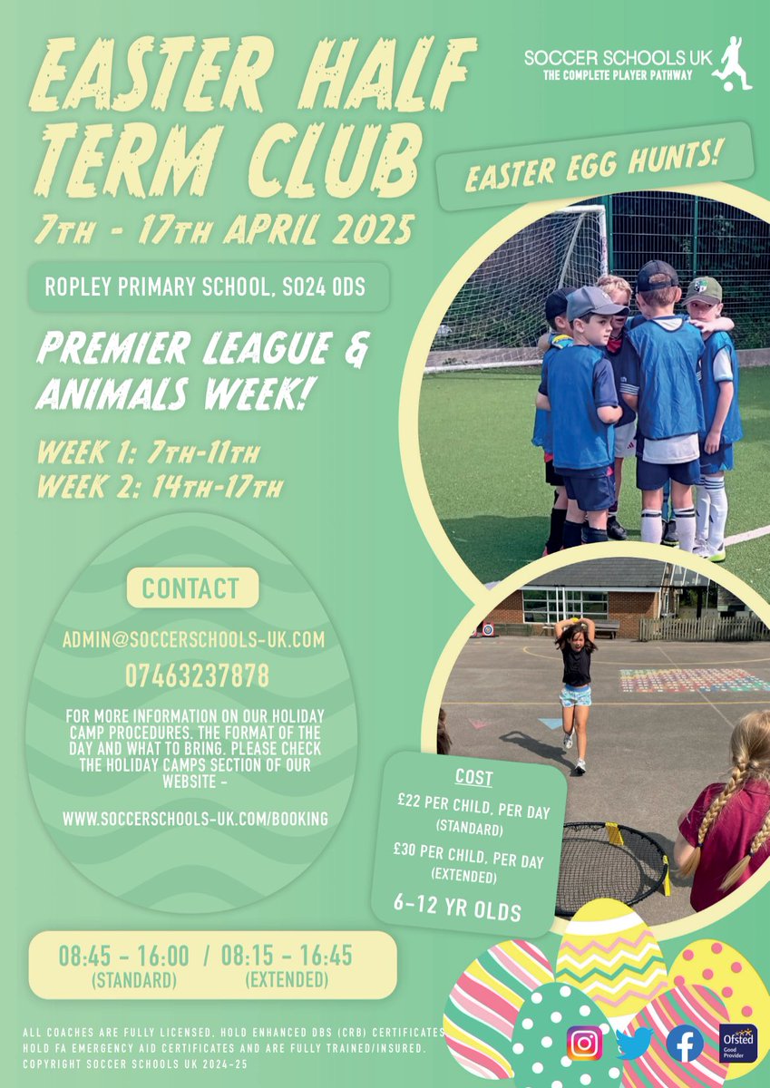 😄🤩 We are pleased to announce that bookings for our Easter holiday camps are now open🤩😃

Where our popular Football and Multi-Sports Camps, will be running! With BRAND NEW ACTIVITIES for 2025! 👀⚽️🏆

📧 admin@soccerschools-uk.com
💻 soccerschools-uk.com/booking 
📞 07723292614