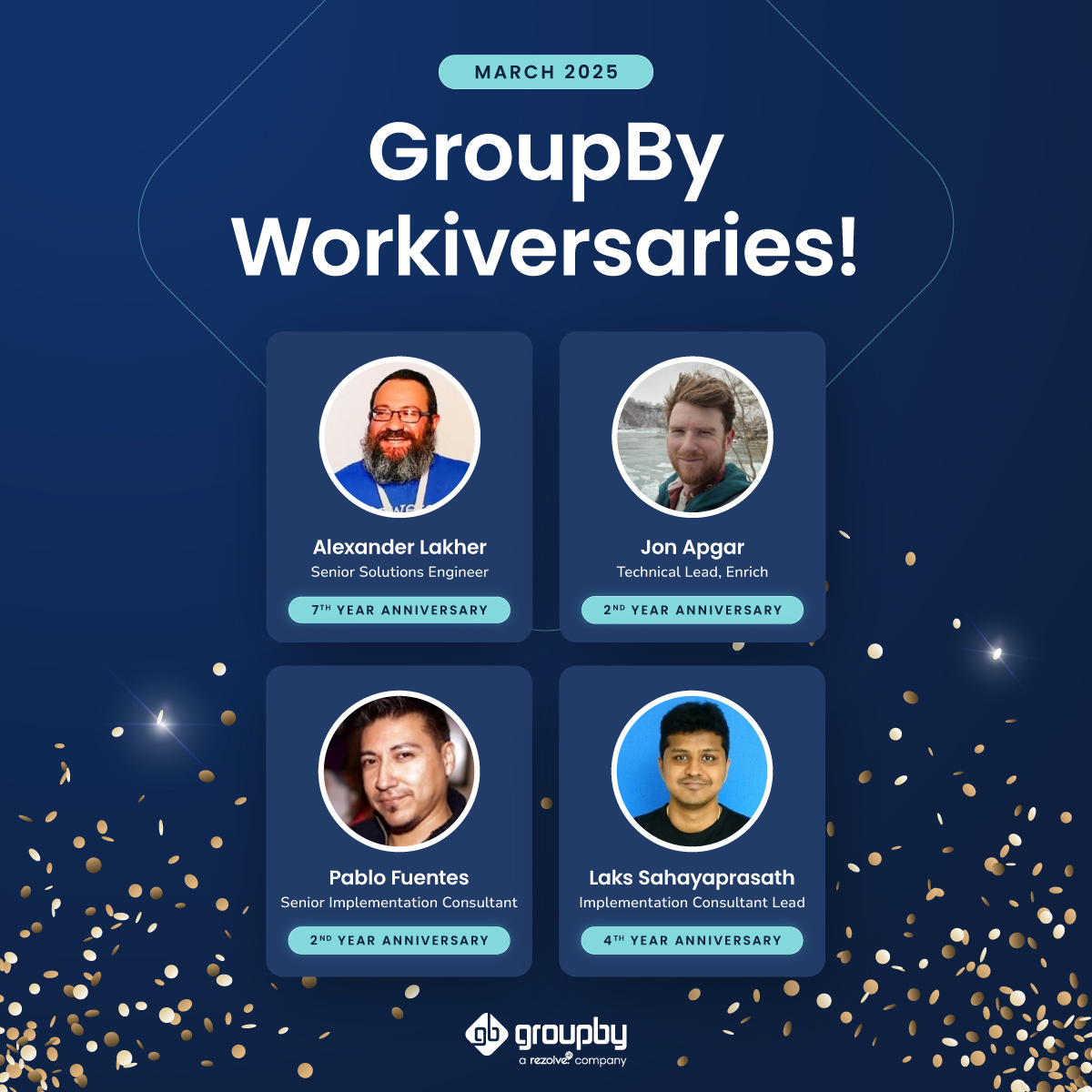 GroupByInc's tweet photo. Cheers to our awesome team members who celebrated a #Workiversary in March! 🙌 We're so glad to have you on the team at GroupBy, a Rezolve Ai company. Thanks for sharing your time and talent with us! 🥳 https://t.co/IRrFyw4U2I