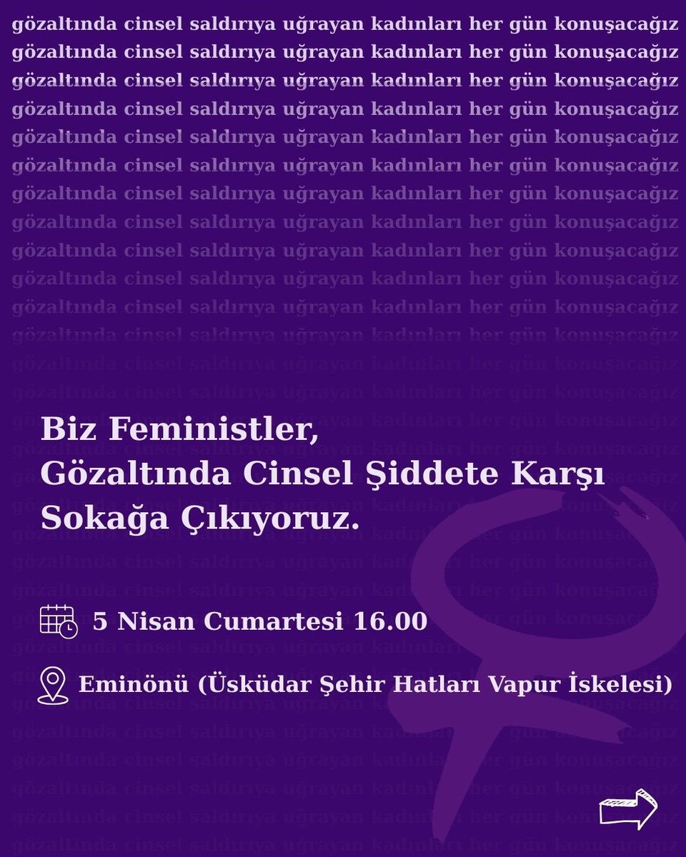 aralikfeminist's tweet photo. Gözaltında cinsel taciz, çıplak arama dayatması işkencedir! Failler yargılansın.

Biz feministler, gözaltında cinsel şiddete karşı sokağa çıkıyoruz. 

🗓️ 5 Nisan Cumartesi
⏱️ 16:00
📍 Eminönü (Üsküdar Şehir Hatları Vapur İskelesi) https://t.co/wCYIEno5ce