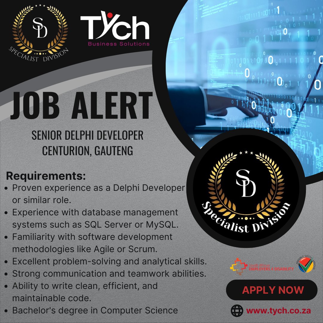 TychTeam's tweet image. 🚨 Job opportunity
📍 Apply now at tych.co.za | Let’s build something great together! 💼
#JobAlert #DelphiDeveloper #SoftwareJobs #CenturionJobs #TychBusinessSolutions #HiringNow