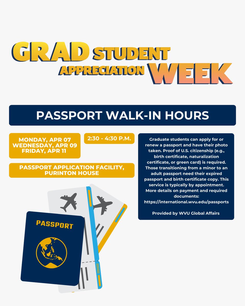In need of Passport Walk-In Hours?
Come join WVU Global Affairs? ✈️

Find the full GSAW event schedule and registration links here: graduateeducation.wvu.edu/news-and-event…