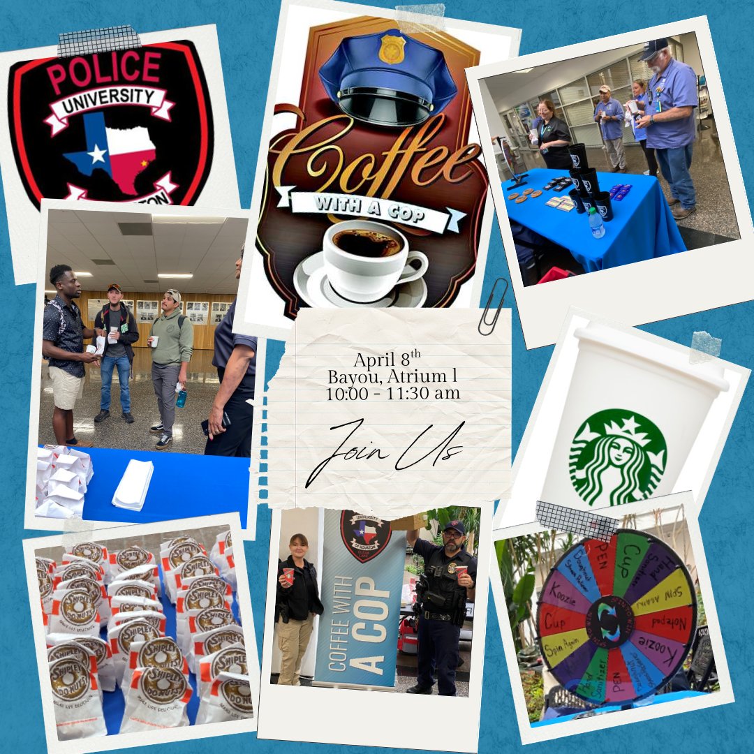 UHCL Police (@uhclpd) on Twitter photo The UHCL Police Department will be hosting Coffee With A Cop on Tuesday, April 8th from 10:00a.m. to 11:30a.m. in the Bayou Building Atrium I. We hope to see you there! The UHCL Police Department will be hosting Coffee With A Cop on Tuesday, April 8th from 10:00a.m. to 11:30a.m. in the Bayou Building Atrium I. We hope to see you there!