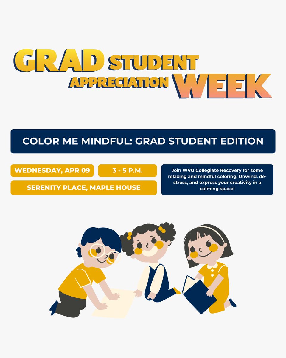 Looking for a relaxing and mindful break? Join WVU Collegiate Recovery next Wednesday for a calming colouring session! 🎨

Find the full GSAW event schedule and registration links here: graduateeducation.wvu.edu/news-and-event…