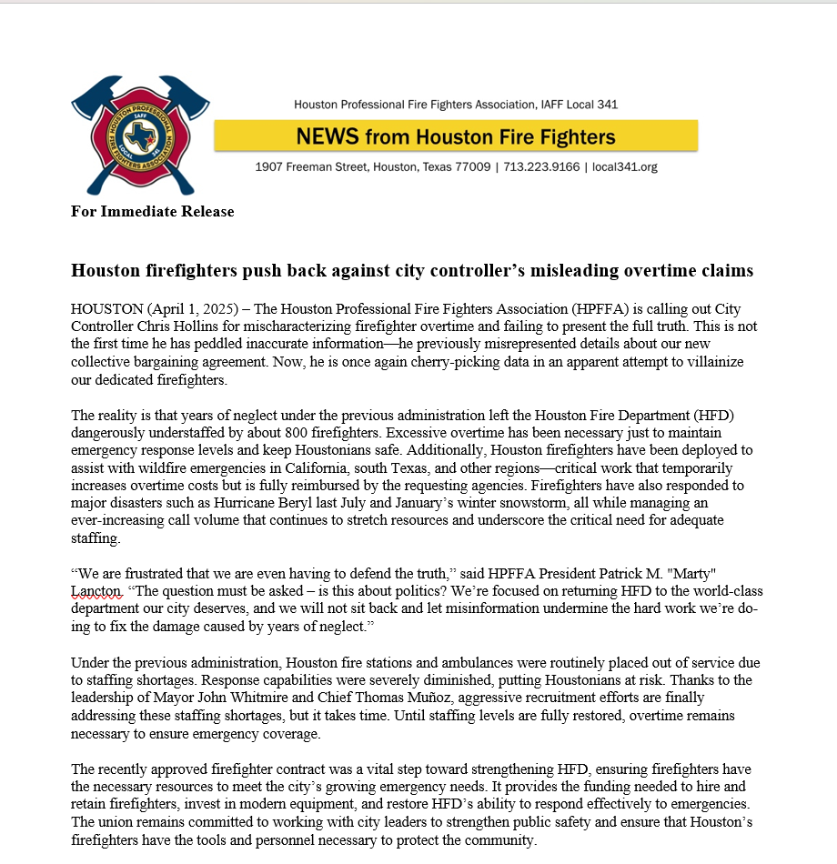 FirefightersHOU's tweet photo. Houston firefighters issued the following news release in response to comments made by the city controller at today's meeting of City Council's Budget and Fiscal Affairs Committee. https://t.co/oKypLxs7S3